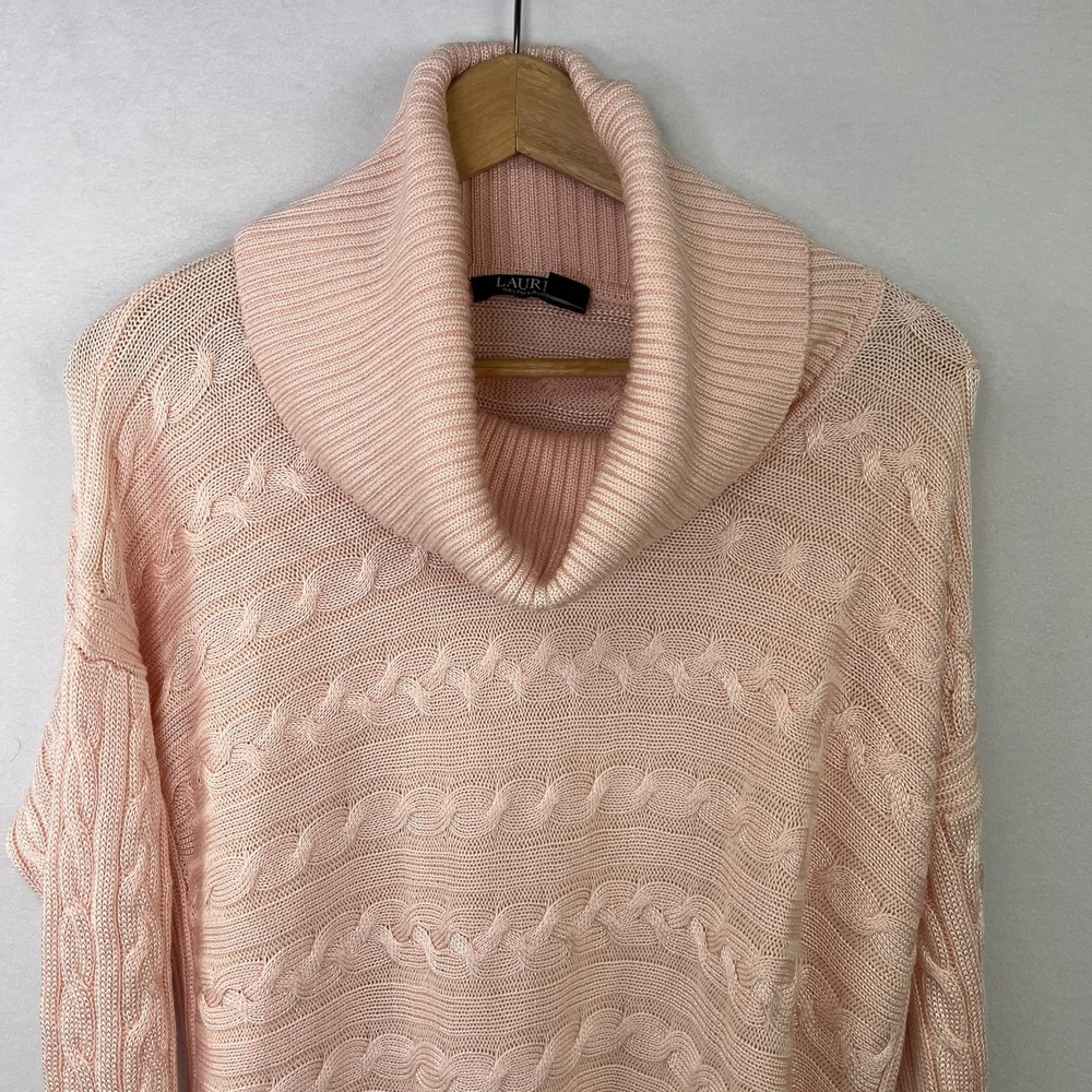 Ralph Lauren LRL Sweater‎ Womens XL Light Pink Cowl Neck Cable Knit Old Money - Picture 2 of 10